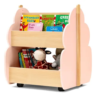 FANTASK Bücherregal Kinder mit Rollen, Spielzeugregal Holz 2-stufig, Aufbewahrungsregal mit Ablagen für Kinderzimmer, Kita & Spielbereich, Rosa