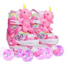 Kinder Einhorn-Puppe Rollschuhe für Mädchen 4 Größen Verstellbar Mit Leuchtenden Rädern Quad Roller Skates für Anfänger Weihnachts und Geburtstags Geschenke
