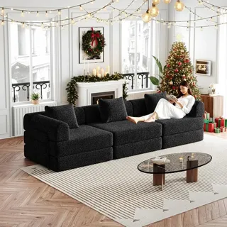 okwish 3-teiliges Set 2-in-1 Schlafsofa Loungesofa Relaxsofa mit Armlehnen und Ablagefach,Klappsofa Tagesbett mit drei Metallrahmen und rutschfeste Unterlage,Schwarz - Schwarz