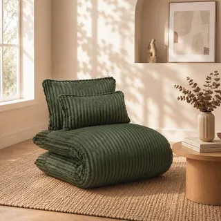 LVHOM Schlafsessel mit Bettfunktion, 227 cm Klappsessel aus Cord mit Stahlrahmen, Bodensessel und Gästebett inkl. 2 Kissen, Grün - Grün