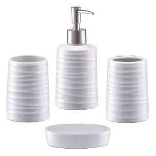 Zeller Bad-Accessoires-Set in Geschenkverpackung, 4-teilig, Seifenspender, Seifenschale, Zahnputzbecher, Utensilienhalter, 1 Set, weiß, Material: Keramik