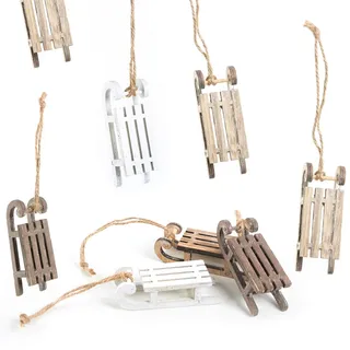 8 Schlitten Weihnachtsanhänger aus Holz, Holzschlitten zum Aufhängen, kleine Dekoschlitten Weihnachtsanhänger, weihnachtlicher Baumschmuck Natur braun grau 8 cm