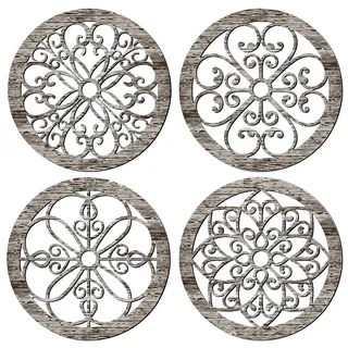 BONJUME Wandkunst, 4PCS Wanddeko Vintage Boho Wanddekoration Aus Holz 3D-Struktur Rund Art Hängende Wandbild Wandposter Posterset Für Wohnzimmer Schlafzimmer Büro Badezimmer Küche