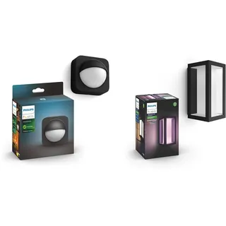Philips Hue Bewegungssensor für den Aussenbereich, integrierter Tageslichtsensor, schwarz + White and Color Ambiance LED Wandleuchte Impress (schmal), für den Aussenbereich
