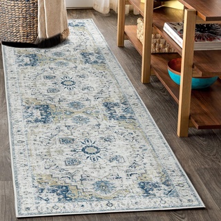 TOPICK Hellblau Läufer Flur Floral Teppich Waschbar Superdünne Vintage Blumenteppich Kurzflor Orientalischer Lang Küchenteppich Schlafzimmer Wohnzimmer Esszimmer Faltbar Teppichläufer 60x300cm