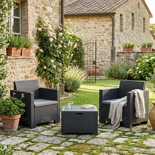 Dmora - Loungeset für draußen Neptune, Outdoor-Lounge mit Couchtisch, Terrassenset mit Kissen, Gartenkomposition mit Sofa und Sesseln, Made in Italy, Anthrazit