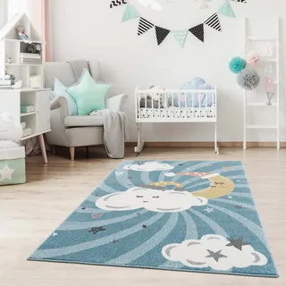 Carpet City Kinderteppich »Anime9380« rechteckig 11 mm Höhe Teppich Mond, Wolken, Sterne, Weicher Flor blau
