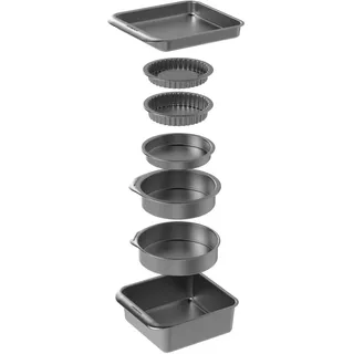 MasterClass Smart Space Backformen-Set 7-teilig PTFE-, PFOA- und BPA-frei, nicht klebend und stapelbar mit 1 x Bratform, 2 x runde Kuchenformen, 1 x Sandwich-Pfanne, 2 x Flan-/Quiche-Formen und 1 x Brownie-Schale in Geschenkbox