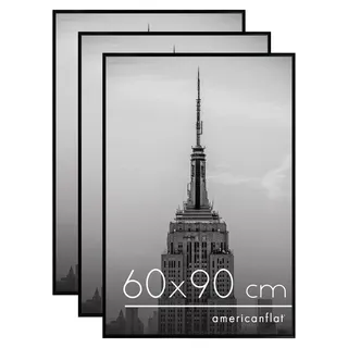 Americanflat 60x90 cm Bilderrahmen (3er Pack) - Schlanker 90x60 cm Posterrahmen mit Scheibe aus Plexi-Scheibe und Integrierter Aufhängung für Hoch- und Querformat - Schwarz