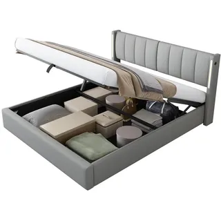 Flieks Polsterbett 140x200 LED Hydraulik USB Stauraum PU Grau , Leder , 140x200 cm , Schlafzimmer, Betten, Polsterbetten