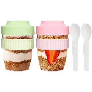 UHAPPER Müslibecher to Go mit Löffel, Joghurtbecher 570ml 2er Set, Müsli to Go Becher Kinder, Yogurt Becher Lunchpot Müslidose für Dieter, Frühstücksbecher für Cornflakes, Oatsome, Little Lunch