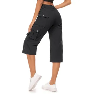 Moosehill Hose Damen 3/4 Cargo Caprihose Wanderhose Wasserdicht Trekkinghose Atmungsaktiv Cargohose Sommerhose Stretch Outdoor Sport Reise Hose Mit 6 Taschen(Schwarz,M)