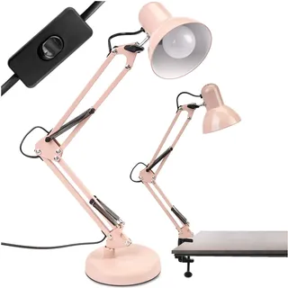 LUMILED Schreibtischlampe Puderrosa Metall E27 Fassung Verstellbarer Arm mit Klemme Retro klassisch Leselampe Tischleuchte Tischlampe Arbeitsleuchte Nachttischlampe Kinderzimmer Arbeitszimmer - Rosa