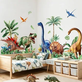 Tanlaby XXL Wandtattoo Dinosaurier Dschungel T Rex Palme Baum Pflanzen | Kinder Dino Tiere Wanddeko für Kinderzimmer Jungenzimmer Babyzimmer Schlafzimmer Wohnzimmer