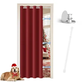 JCyh blickdichter Türvorhang mit Teleskopstange, einfache Montage ohne Bohren, 1 Stück Verdunkelungsvorhang Weihnachtsstern H 195 x B 132 cm für Zimmer tür, Stange Weiß 70-128 cm