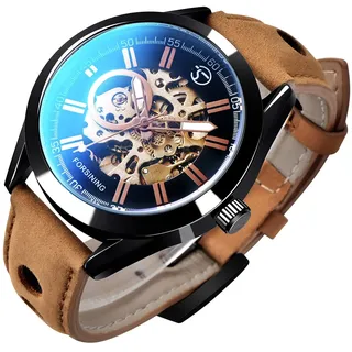 Gute Skelett Automatikuhr Herren,Analog,Braun Leder,Sport & Freizeit | Automatischer Selbstaufzug, Skelett-Design, braunes Lederband, für Sport & Alltag, praktisches Geschenk