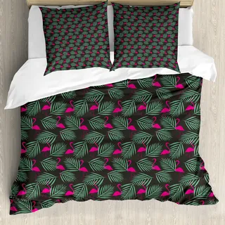 ABAKUHAUS Flamingo Bettbezug, Zoo-Tiere in Rosa, Milbensicher Allergiker geeignet mit Kissenbezügen, 200 cm x 200 cm - 80 x 80 cm, Pink Grün Schwarz