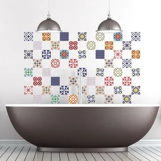 Ambiance Sticker Selbstklebende Wandtattoo Aufkleber, Wanddekoration, Fliesenaufkleber für Badezimmer und Küche Vintage Multicouleur - 60 Stück Aufkleber 10 x 10 cm