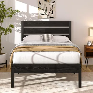 VECELO Einzelbett Bettgestell 90 x 200 cm, Metallbett mit Dick Holzkopfteil und Lattenrost, 31 cm Stauraum unter dem Bett, perfekt für Schlafzimmer, Schwarz