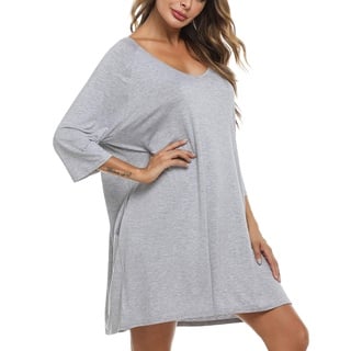 Doaraha Nachthemd Damen Baumwolle Sexy Nachtkleid Kurz V-Ausschnitt 3/4 Arm, Sleepshirt Schlafhemd Nachtwäsche Locker für Frauen Große Größen