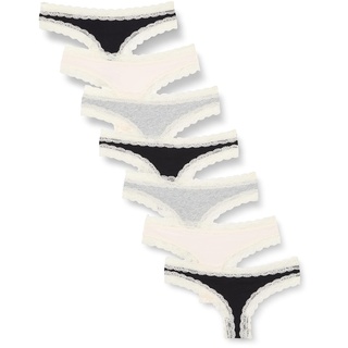 Iris & Lilly Damen Tanga-Unterwäsche Baumwolle und Spitze, 7er-Pack, Schwarz/Grau Meliert/Blassrosa, 40