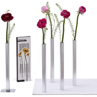 PELEG DESIGN Magnetische Blumenvase – Mini Vasen für Tischdeko | Set mit 5 kleinen Silbervasen aus Aluminium – Vasen Set für Wohn- und Gartendekoration, für echte und künstliche Blumen