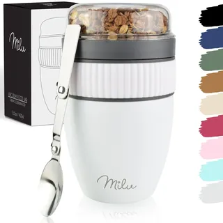 Milu Müslibecher to go 400ml "MüsliMax" I isolierter Edelstahl Joghurtbecher für Müsli I auslaufsicherer Becher mit Löffel für Yoghurt/Porridge (Weiß)