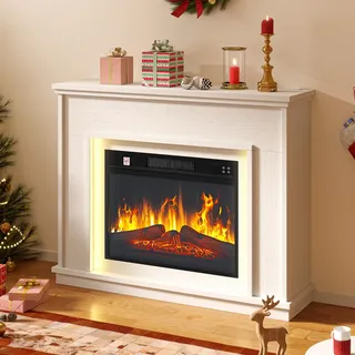 DWVO Elektrokamin, Elektrischer Kamin mit Heizung und Knistern Realistischer 3D-Flammeneffekt, 2000 W Standkamin mit LED Ambientebeleuchtung, Fernbedienung Programmierbar Timer Thermostat, Weiß