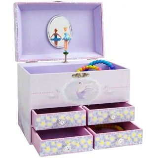 Jewelkeeper - Musikalisches Großes Schmuckkästchen Mädchen mit 4 ausziehbaren Schubladen, Sterne und Schwäne Ballerina Design - Spieluhr mit Schwanensee Lied, Ideales Ballerina Geschenke für Mädchen