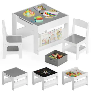 Clevich Kindertisch mit 2 Stühlen, Multifunktionale Kindersitzgruppe Holz mit Stauraum, Maltisch & Basteltisch für Kinder, Tisch & Stühle Set für Kinderzimmer, ab 3 Jahren (Grau)