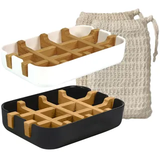 EDARTO® 2 Seifenschalen nachhaltig, umweltfreundlich aus Natur-Bambus-Holz und Maisstärke mit Abtropfschale +2 x Sisal Seifensäckchen/Seifenbeutel