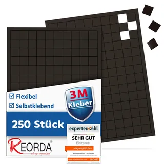 REORDA® Magnetplättchen selbstklebend (250 Stück) - Magnetstreifen - Marken-Kleber ermöglicht stärkste Klebekraft - Flache Magnete I Magnetfolie selbstklebend