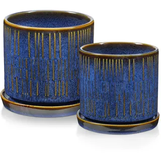 Arborus 2 STK Blumentopf Keramik Blau Übertopf 10+12 cm Pflanztopf Blumentöpfe mit Untersetzern Pflanzenkübel Blumenkübel für Zimmerpflanzen Lavendel Tomaten Monstera Innen Balkon Deko