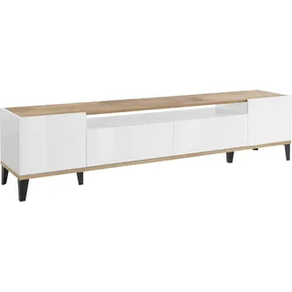 Fernsehschrank Dmaigna, Niedriges Sideboard für Wohnzimmer mit 2 Türen, Sockel für TV-Möbel, 100 %  Italy, cm 200x40h47, Weiß glänzend und Ahorn - Weiß