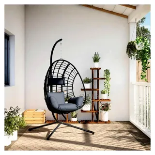 Hängesessel im Ei-Design mit Ständer in Anthrazit aus Rattan und Stahl, Hängestuhl für Wohnzimmer, Balkon und Outdoor