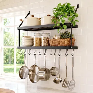 KES Küchenregal Doppel Pfannenhalter Küchenutensilienhalter Küche Pfannenhalter Hängeregal Pfanne Wandregal Pfannenhänger 75cm Wandmontage Matt Schwarz, KUR218S75B-BK