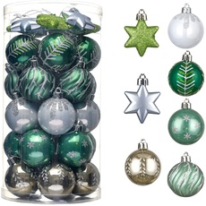 Valery Madelyn Unzerbrechliche Weihnachtskugeln aus Kunststoff, Oasis Green White Weihnachtskugeln für Weihnachtsbaumschmuck, Weihnachtsschmuck PVC-Verpackung 35 Stück 5 cm
