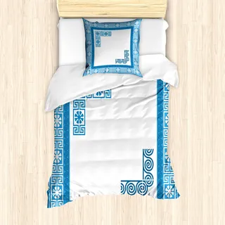 ABAKUHAUS Greek Key Mantele, Vintage Blumen Fret, Milbensicher Allergiker geeignet mit Kissenbezügen, 135 cm x 200 cm - 80 x 80 cm, Blau Weiss - Blau