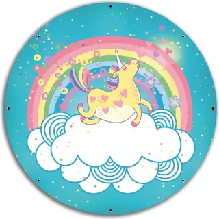Wallario rundes Outdoor-Poster für Garten oder Balkon, Motiv Lustiges Einhorn auf einer Wolke vor Regenbogen, 60 cm Durchmesser - Türkis