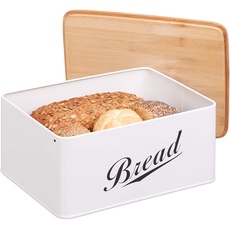 Relaxdays Brotkasten, Brotbox in Retro Design, Bambusdeckel, mit Aufschrift "Bread", Metall, 14 x 30,5 x 23,5 cm, weiß 10024603