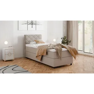 Homesy Boxbett Diamaro 90x200 cm mit Bettkasten und Topper - Dunkelbeige , Beige , Holz , Mode , 90x200 cm , Oeko-Tex® Standard 100 , Schlafzimmer, Betten, Boxspringbetten