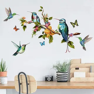 WandSticker4U®- [Vintage Style] Wandsticker Vögel KOLIBRI auf dem BAUM AST (89x50 cm) I Wandtattoo Vögel auf Ast Schmetterlinge Retro I Wanddeko Wohnzimmer Schlafzimmer Badezimmer Küche Flur