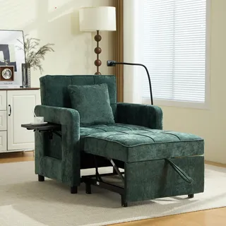 Zwei-in-eins-Schlafsessel (Einzelschlafsofa) Chenille, Kissen + Seitentaschen, kleines Tischchen & extra Aufbewahrungstasche je Seite – komfortabel - Grün