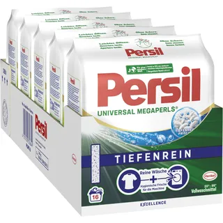 Persil Universal Megaperls (5 x 16 Waschladungen), Vollwaschmittel mit Tiefenrein Technologie, Waschmittel für reine Wäsche & hygienische Frische für die Maschine, 20 °C bis 95 °C