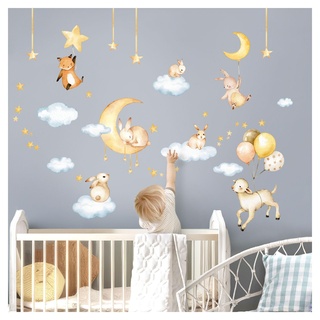 DEKO KINDERZIMMER Wandtattoo Tiere Mond Wandsticker Schaf Hase Wolken Kinderzimmer Wandaufkleber Babyzimmer Wanddeko DK1100-2