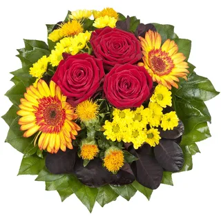 Dominik Blumen und Pflanzen, Blumenstrauß "Blütenmeer" mit roten Rosen, Färberdistel, Chrysanthemen und Gerbera