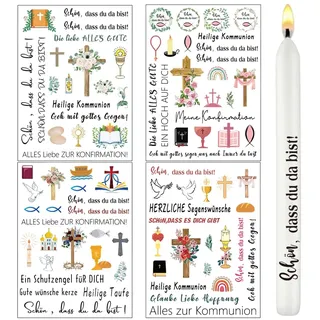 HAPZUR 4 Blätter Kerzen Tattoo Kommunion Deko, Kerzentattoos Kommunion Geschenk Fische Tattoofolie für Kerzen Aufkleber Wasserschiebefolie mit Spruch, für Erstkommunion Taufe Konfirmation Deko