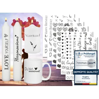 Sugeru 6 PCS Kerzentattoo (200+ Muster) Wassertransferdruck |wasserschiebefolie kerzen | kerzenaufkleber sticker |Kerzen dekorieren | Sprüche,ostern,Lieblingsmensch,Happy Birthday