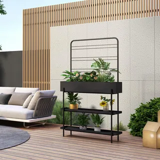 casa.pro Outdoor Pflanzenregal Aalsmeer Pflanzenständer mit Blumenkasten 2 Ablagen Blumenregal aus Metall 154 x 96 x 24 cm indoor Schwarz