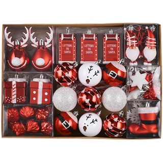 Victor's Workshop Weihnachtskugeln, 100 teiliges Christbaumkugeln Kunststoff Weihnachtskugel Set Weihnachtsdeko mit Aufhänger Geschenkpaket Weihnachtsbaumschmuck Rot Weiß Thema